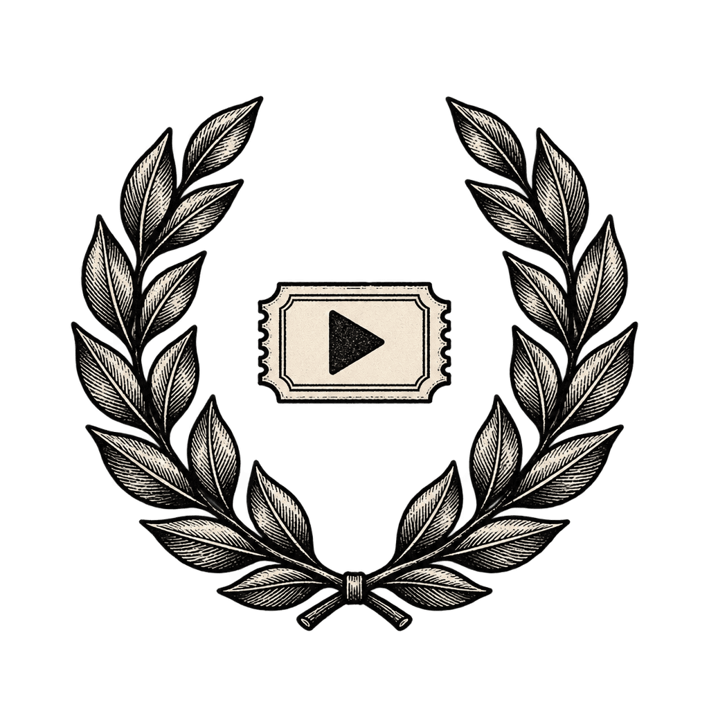 An engraved cinema ticket encircled by a laurel wreath