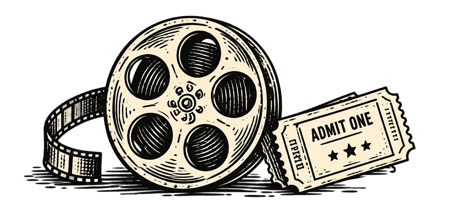 An engraved film reel, film strip, and cinema tickets